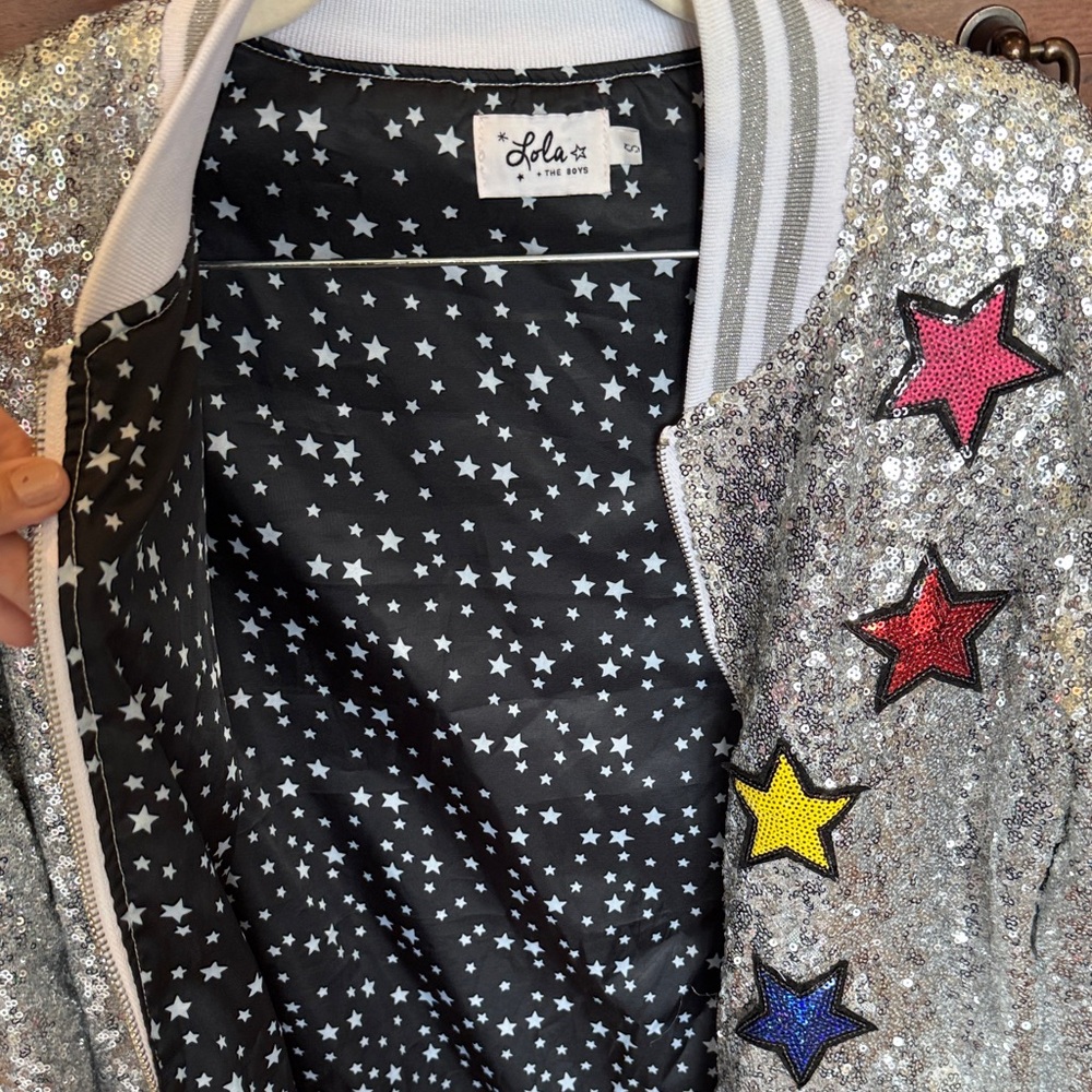 Lola + The Boys Silver Sequin Jacket with Multicolor Stars and Unicorn  EUC - Picture 6 of 6